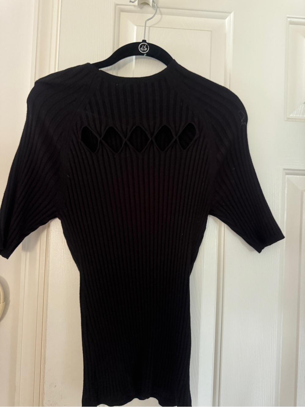 White House Black Market Black Ribbed Short-Sleeve Top with Back Cutouts